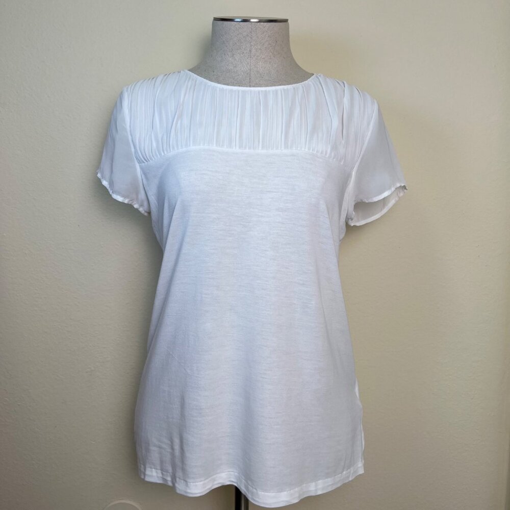 MASSIMO DUTTI White Short Sleeve Blouse With Sheer Pleated Top Size Medium